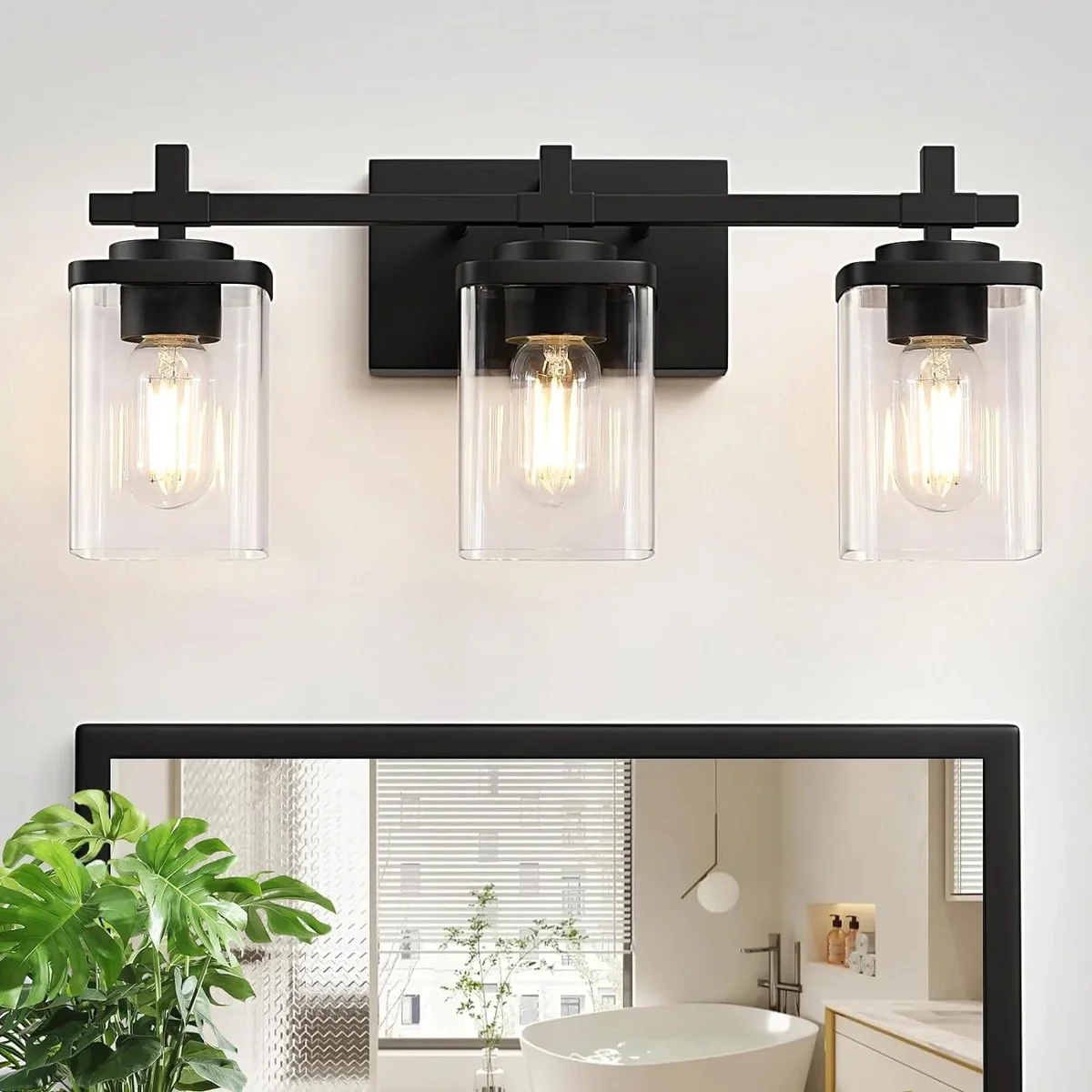 Everdaily Essentials 24" 3-Light Matte Black Bathroom Light Fixtures with Clear Glass Shape Wall Sconces Lighting 9944