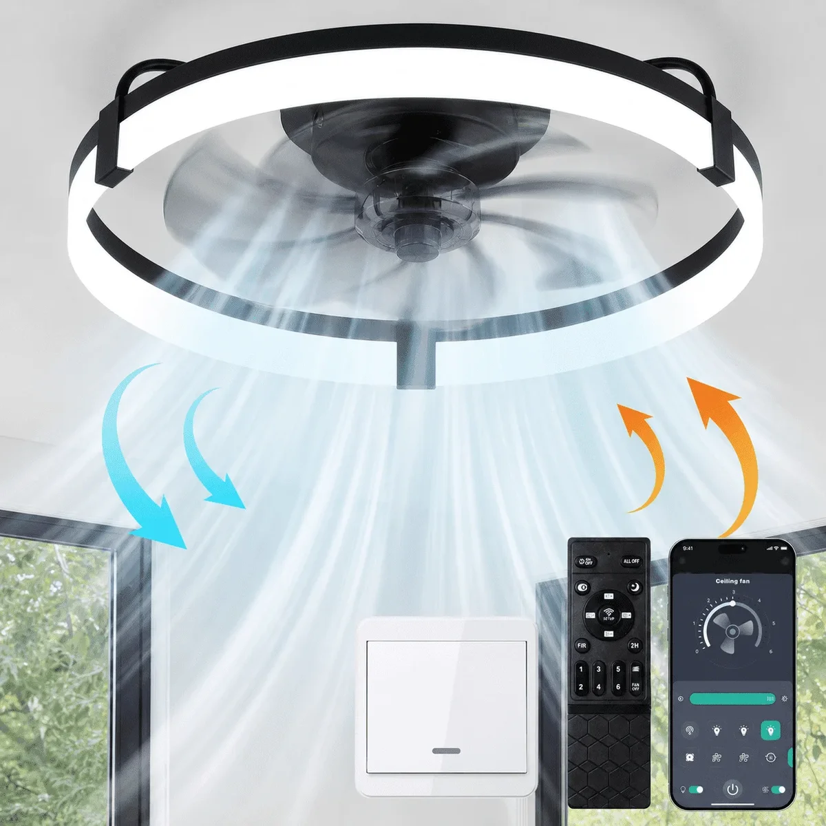 Mehoom Ceiling Fan with Light and Remote & APP, 20" Low Profile Ceiling Fan, 3 Color Flush Mount Dimmable LED Fan Light, Reversible 6 Wind Speeds, Timin 7481