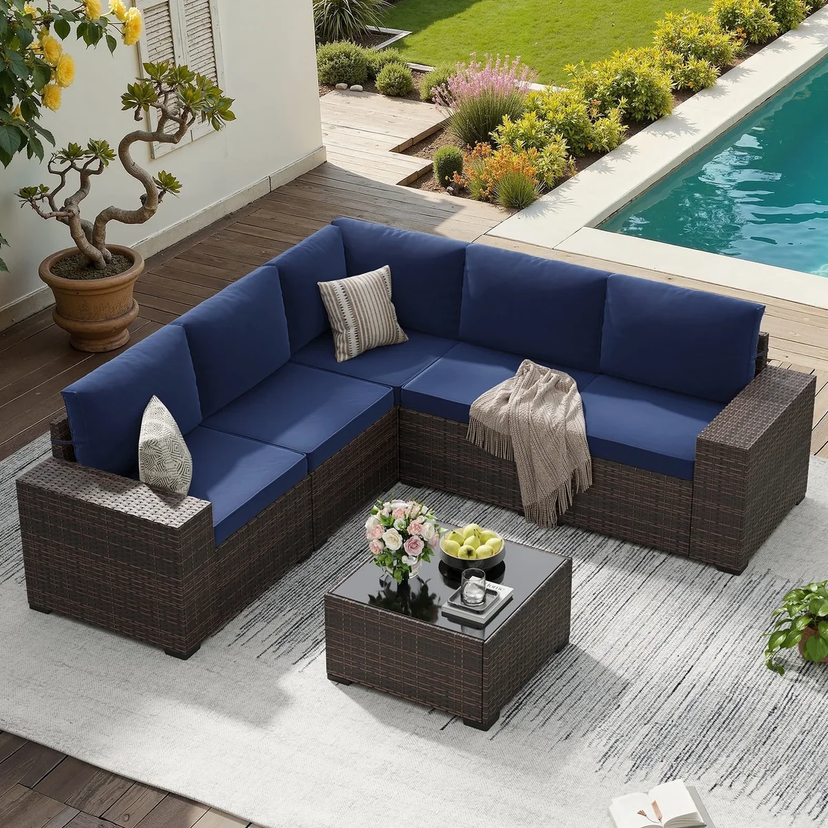 STARY 6 Pieces Outdoor Sectional Sofa with Wide Armrests, Patio Conversation Set, PE Rattan Furniture Set for Backyard, Blue 8696