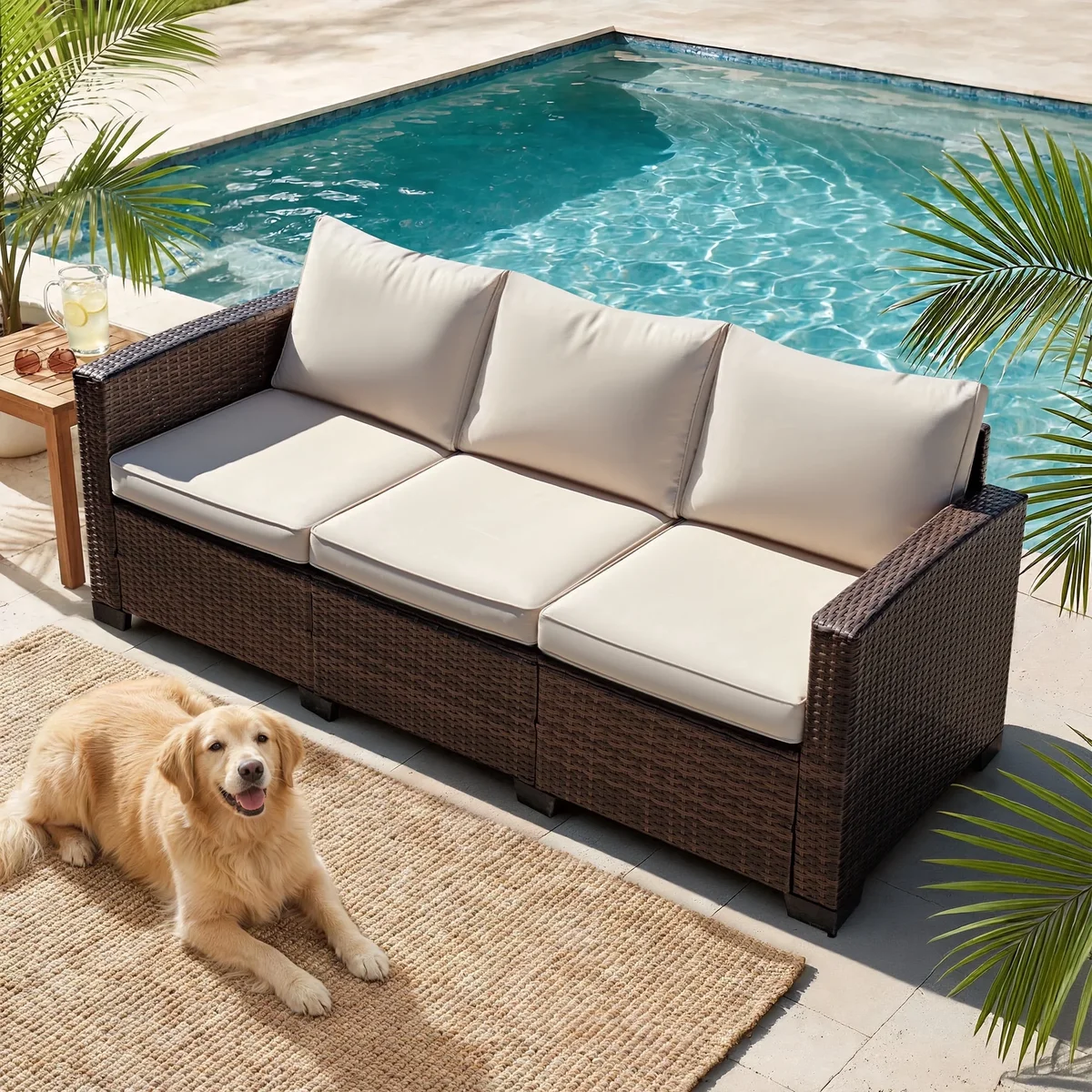 Homall 3-Seat Patio Furniture Outdoor Sofa Couch with Waterproof Cover High Back Rattan Deep Seat Sofa for Porch Backyard 2859