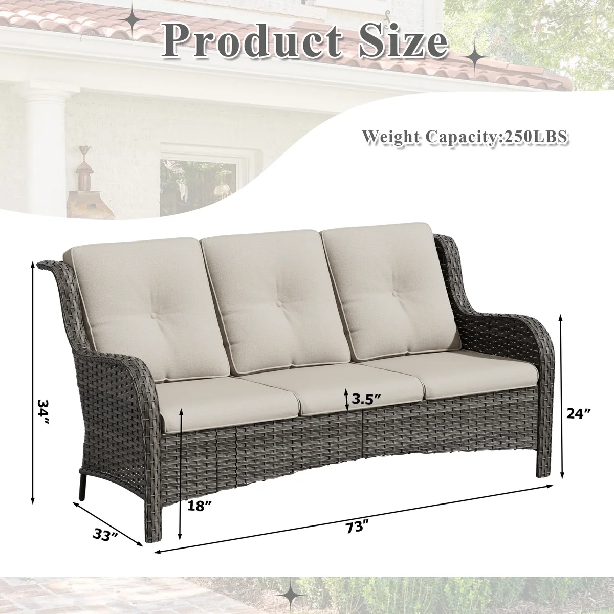 Meetleisure 1 piece 72.83'' Wide 3-Seat Outdoor Wicker Patio Sofa with Cushions,Beige 0727