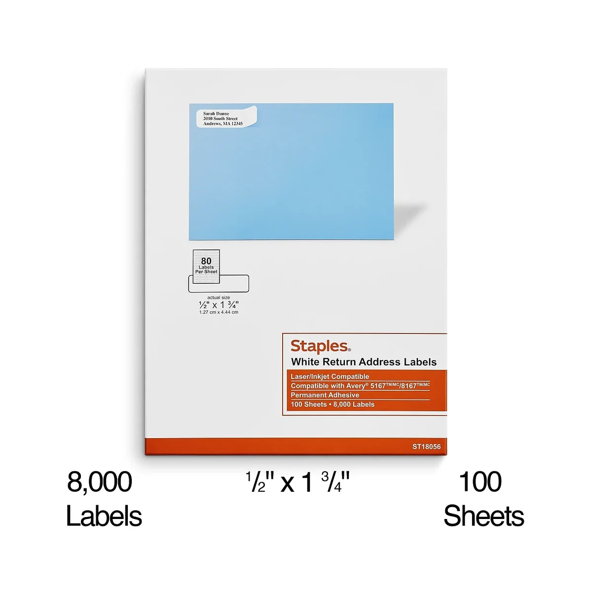 Staples Laser/Inkjet Shipping Labels 0.5"W x 1.75"L White 80 Labels/Sheet 18056/SIWO090 1653