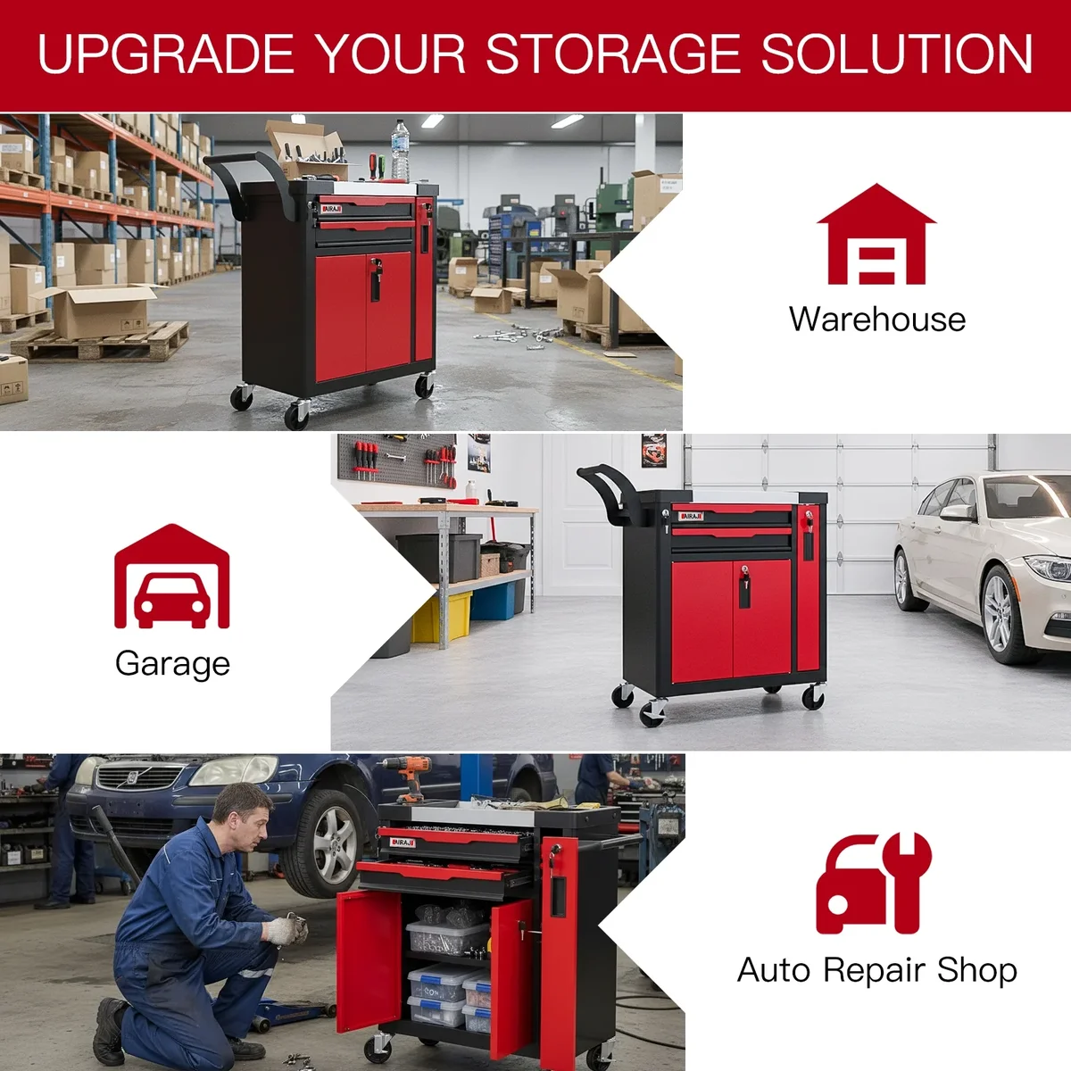 Airaj 2-Drawer Rolling Tool Chest with Lock, Large Mobile Tool Cart & Cabinet for Garage Workshop Storage, Heavy-Duty Red 0592
