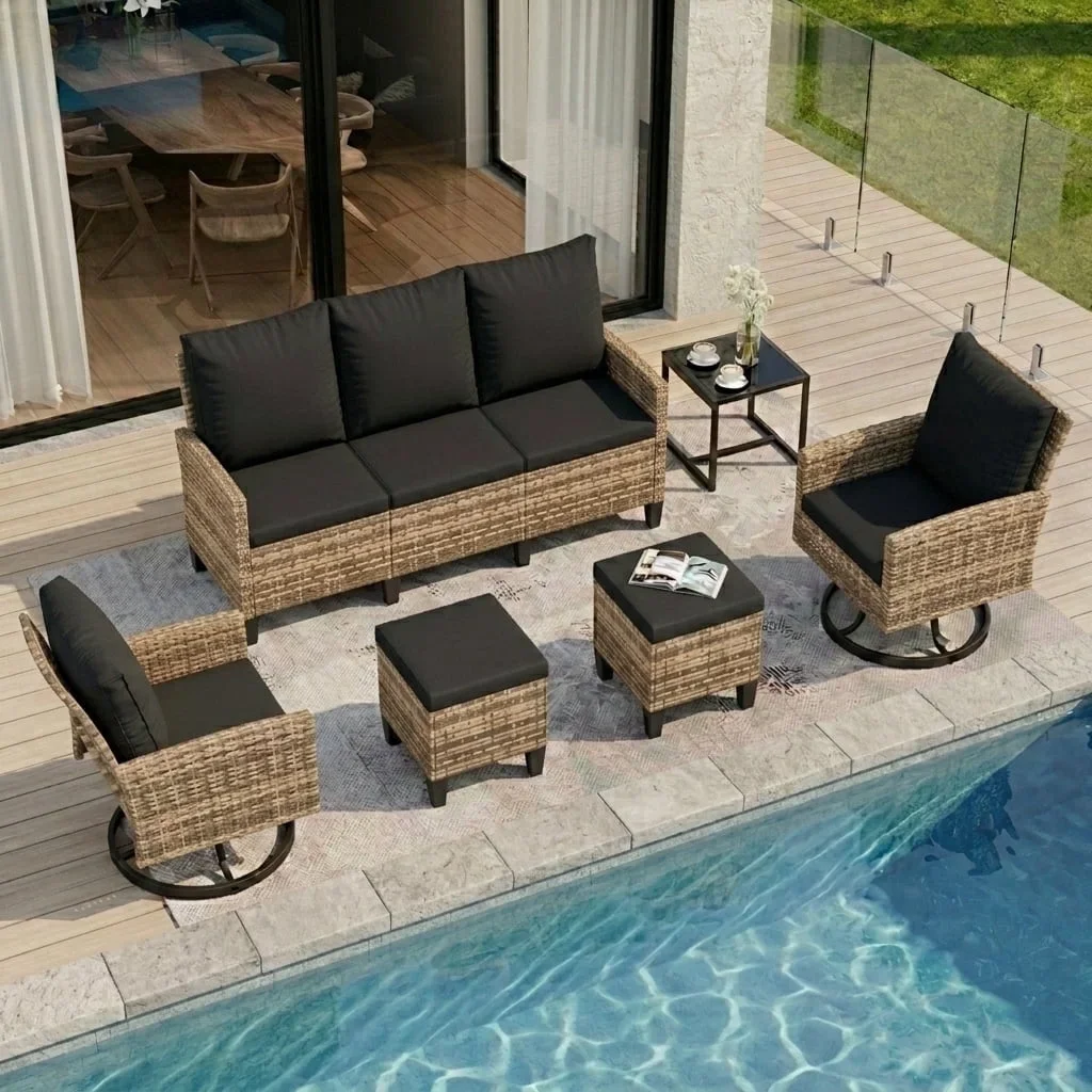 UDPATIO 6 Pieces Outdoor Conversation Set, All-Weather Wicker Rattan Patio Furniture Sofa Set with Ottoman and Swivel Chairs for Poolside, Backya 2799