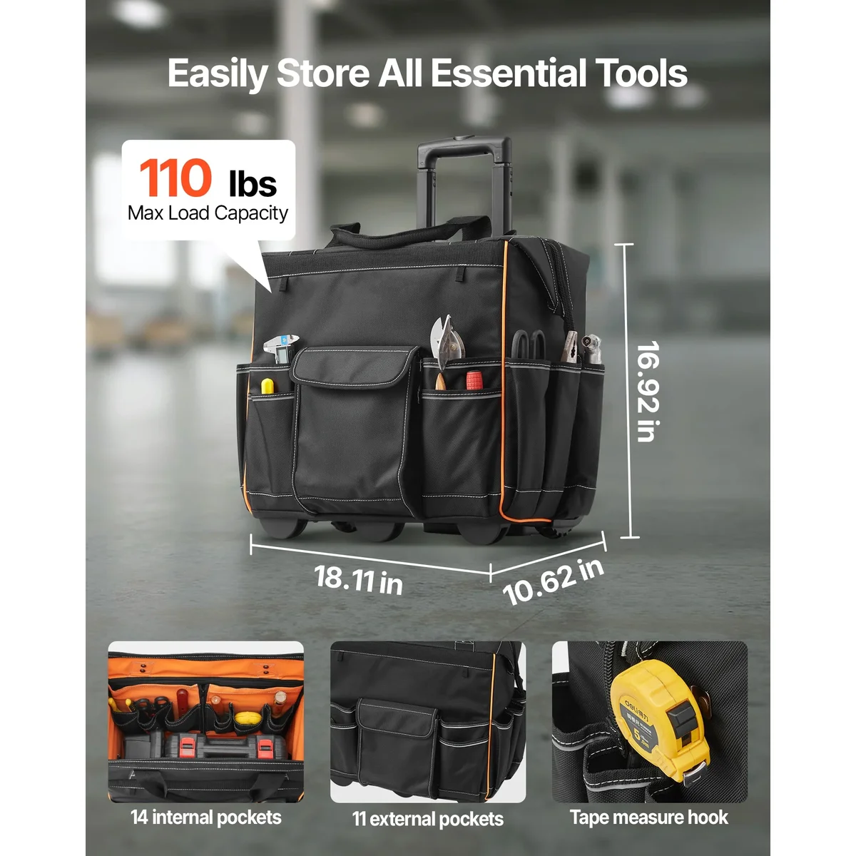 KFFKFF Rolling Tool Bag with Wheels, 110 lbs Capacity, 25 Pockets Durable Tool Organizer with Telescoping Handle & Sturdy Base for Electricians a 8385