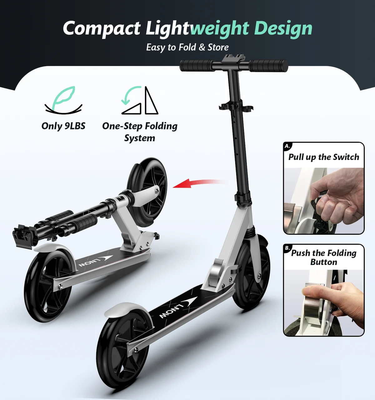 LNOW Foldable Kick Scooter-8 in Wheels for Kid, Teens & Adults, 4 Adjustable Levels, Max Load 240lbs,Lightweight 0637