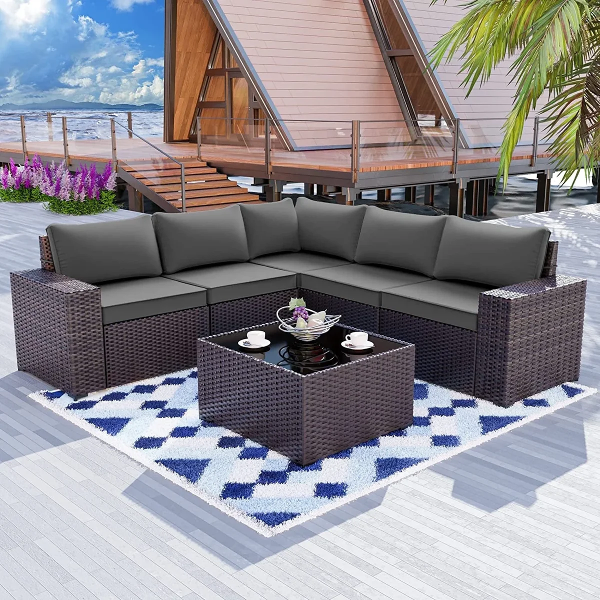 Gotland 6 Pieces Outdoor Patio Furniture Set Rattan Wicker Conversation Set,Wide Armrest (Grey) 0759