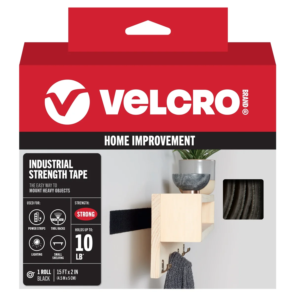VELCRO Brand Industrial Strength Heavy Duty Tape, Indoor & Outdoor Use, Superior Holding Power on Smooth Surfaces, 15ft x 2in Black Hook & Loop F 2818
