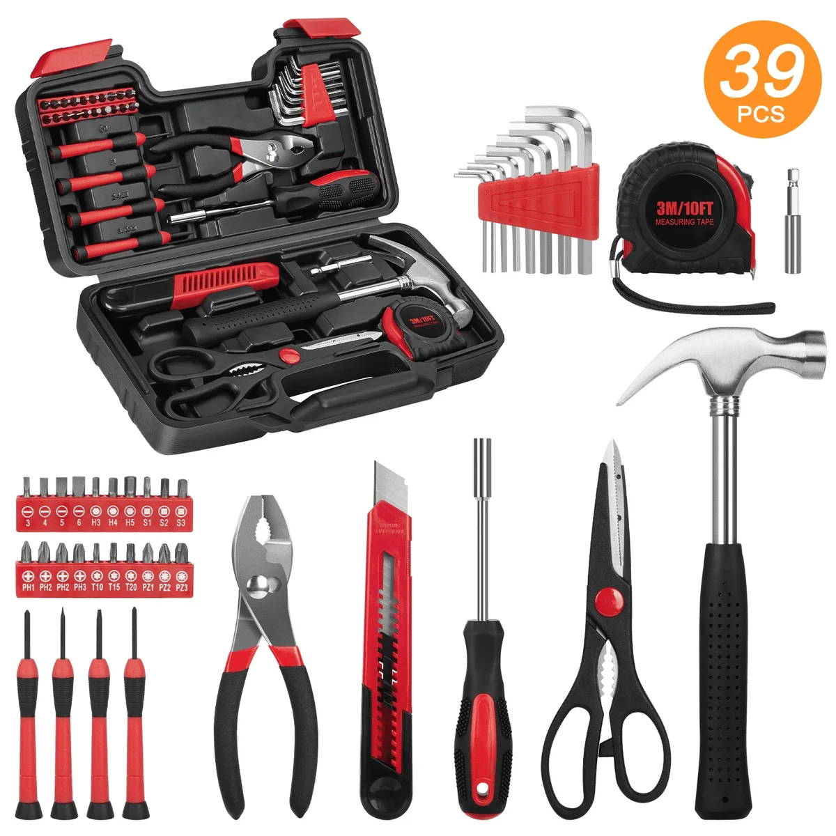 Cshidworld 39 Piece Tool Sets All Purpose Household Tool Kit, Home Tool Set Case with Toolbox Great for Girls Ladies and Women, Household Hand Ki 7562