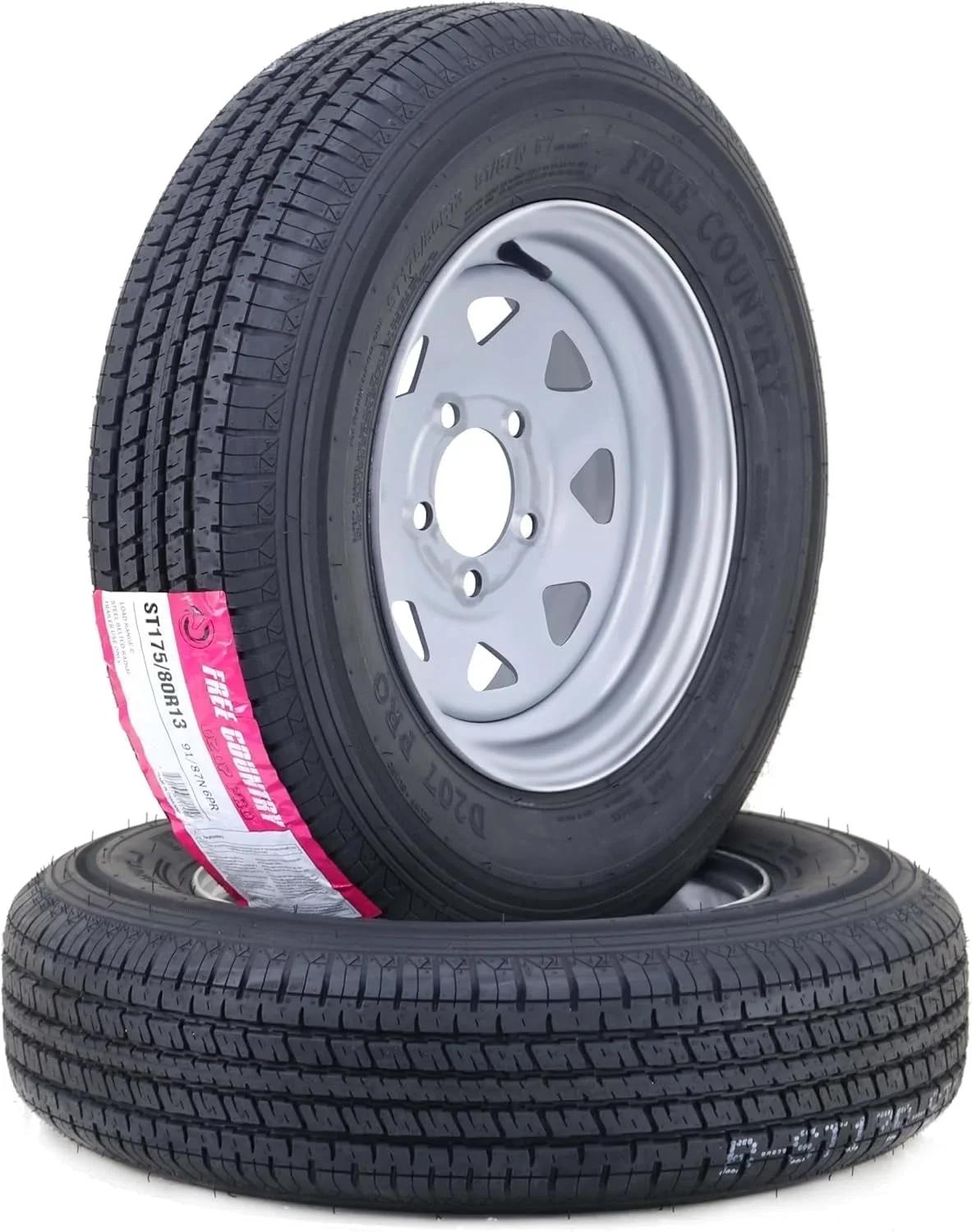 Free Country Trailer Tire Wheel Assembly ST175/80R13 6-Ply C 91M 5 Lug on 4.5" PCD Silver Spoke Rim ,SET 2 3534