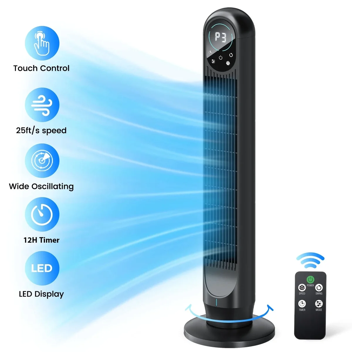 TASKBAY Tower Fan with Remote, 31" Bladeless Floor Fans for Home, 4 Modes & 4 Speeds, 12H Timer, LED Display, 80° Oscillating Wide Cooling for Bedroom,  4603