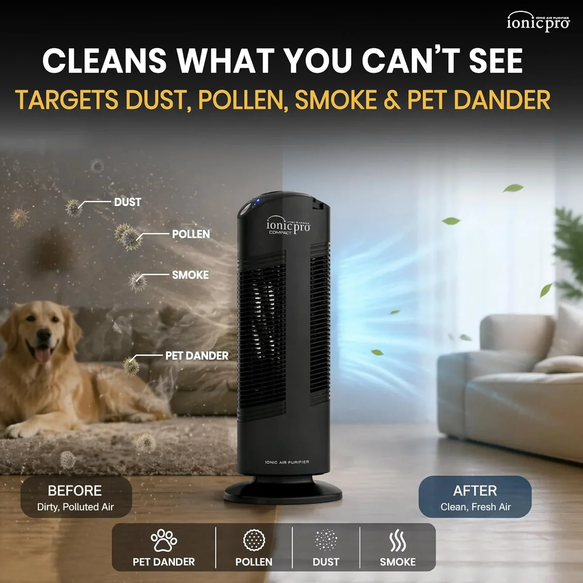 Ionic Pro® Ionic Pro Compact Ionic Air Purifier, 250 sq ft Room Capacity, Two Speeds 4409