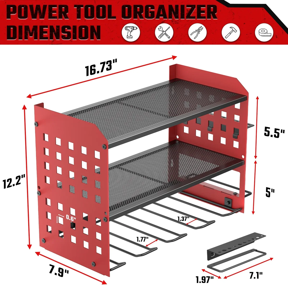 SUNALLY Power Tool Organizer, 3 Layers Drill Holder Wall Mount with 2 Side Pegboards, Heavy Duty Tool Storage Rack for Garage, 150Lbs Load Capaci 7023