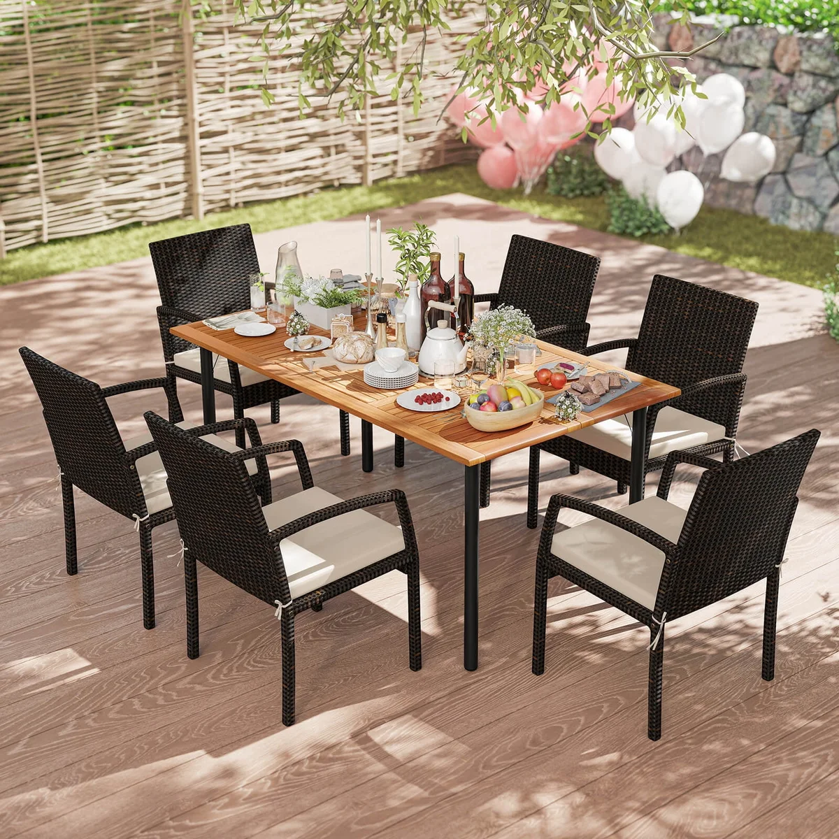 Costway 7PCS Patio Rattan Dining Set Table Top W/Umbrella Hole 9828