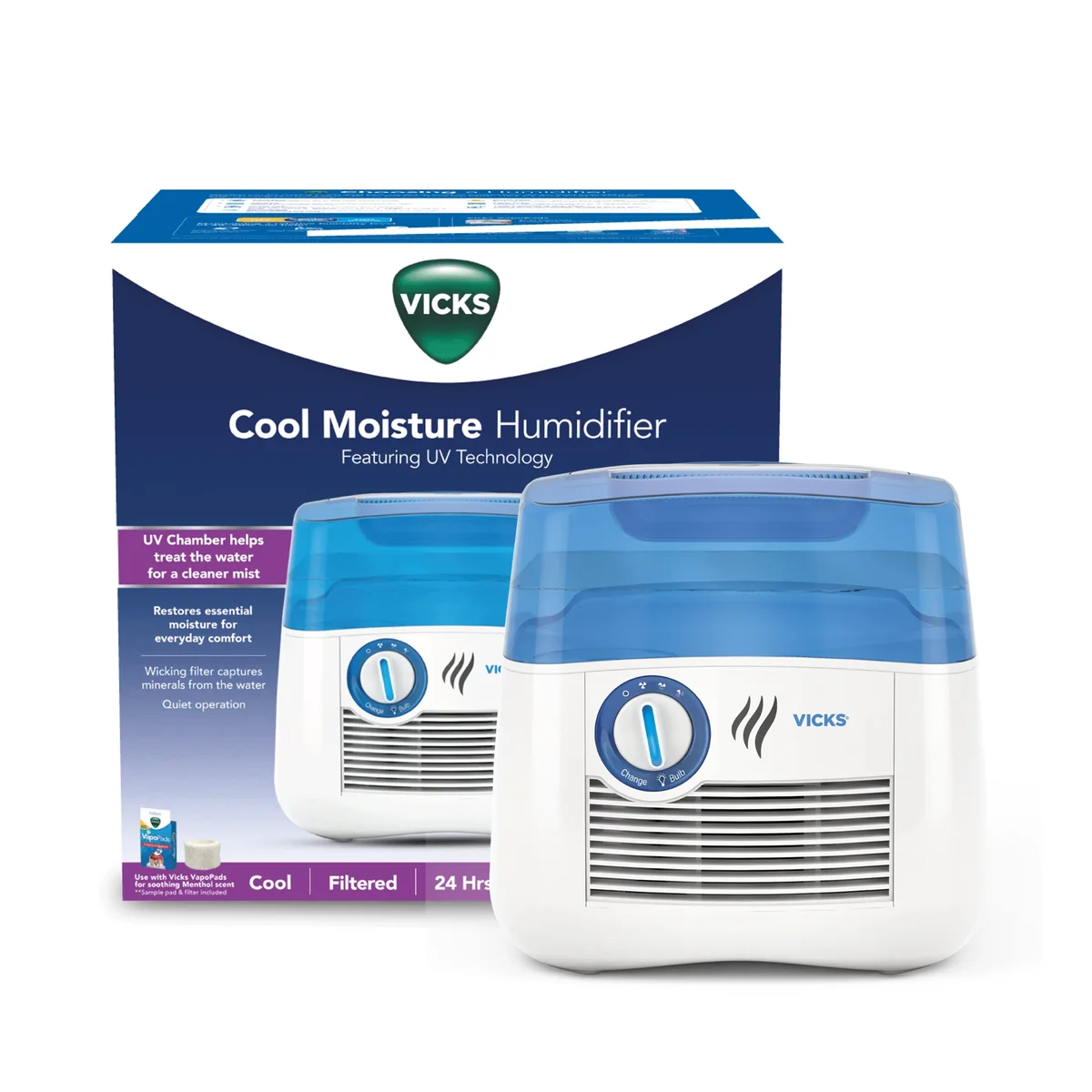 Everdaily Essentials 1 Gallon Cool Humidifier, V3900, Blue/White for Bedrooms, Medium to large Rooms for Adults, Kids, or Baby Room 7579