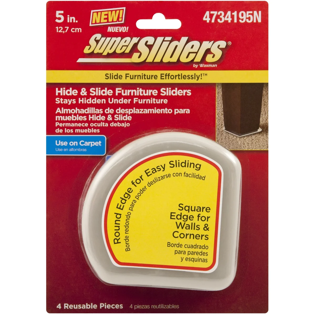 Super Sliders 5" Slide & Hide Reusable Furniture Sliders for Carpet - Effortless Moving and Surface Protection, Beige (4 Pack) 0763