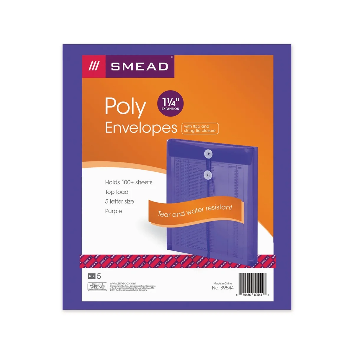 Smead Open-End Poly String and Button Envelopes, Purple, 5 Count 9099