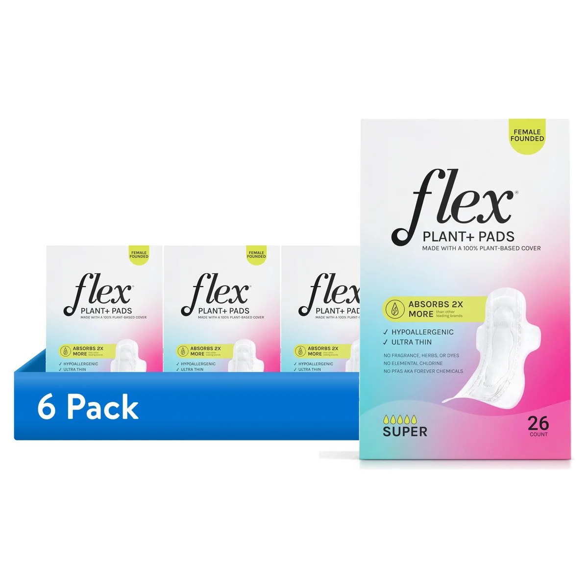 Everdaily Essentials (6 pack) Flex Plant+ Pads with Wings, Super, Heavy Absorbency, Ultra Thin, Unscented, 26 Count, Hypoallergenic 1593