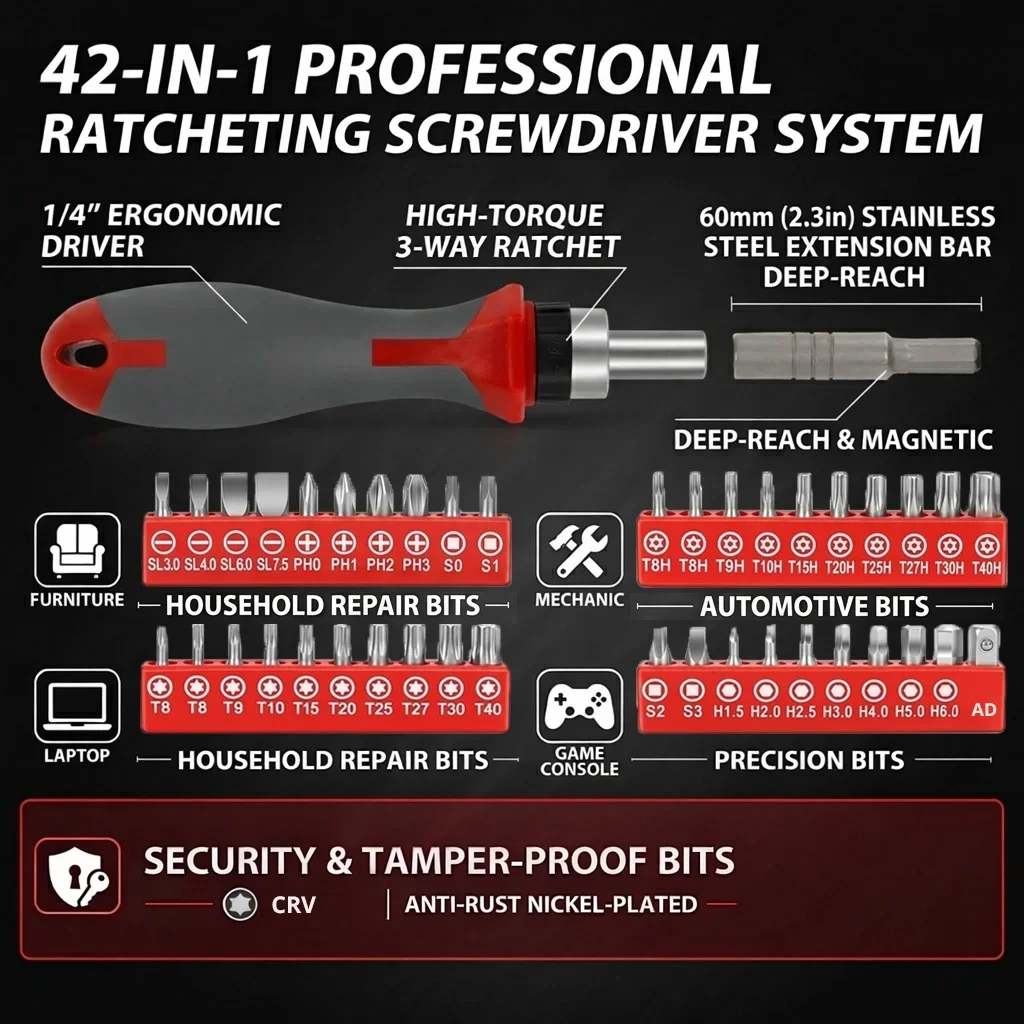 Everdaily Essentials Ratcheting Multi-Bit Screwdriver Set, 40 Bits, 60mm Extension Bar, 1/4’’ Magnetic Driver Handle, 40 Bits- Torx, Slotted, Phillips, Square，H Ref. 3126