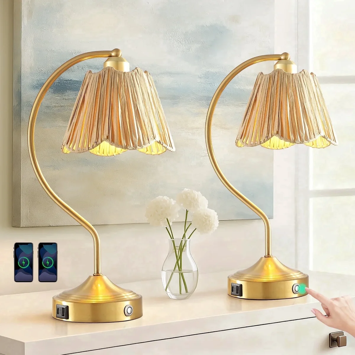 Everdaily Essentials 18" Curved Gold Table Lamps Set of 2, Touch-Control Three-Level Dimming, USB A+C Charging Ports, Modern Farmhouse Style, Perfect for Living Room  Ref. 9417