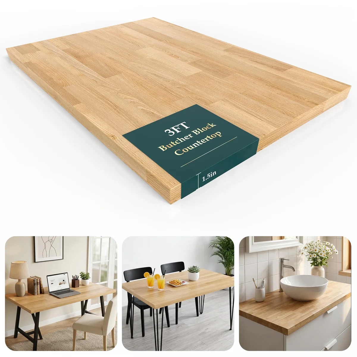 SupperEver Butcher Block Unfinished Birch Workbench Countertop, Solid Wood Table Desk Top for DIY Kitchen Countertop, Workbenches, Island, Butcher, 1.5" Thi 9350