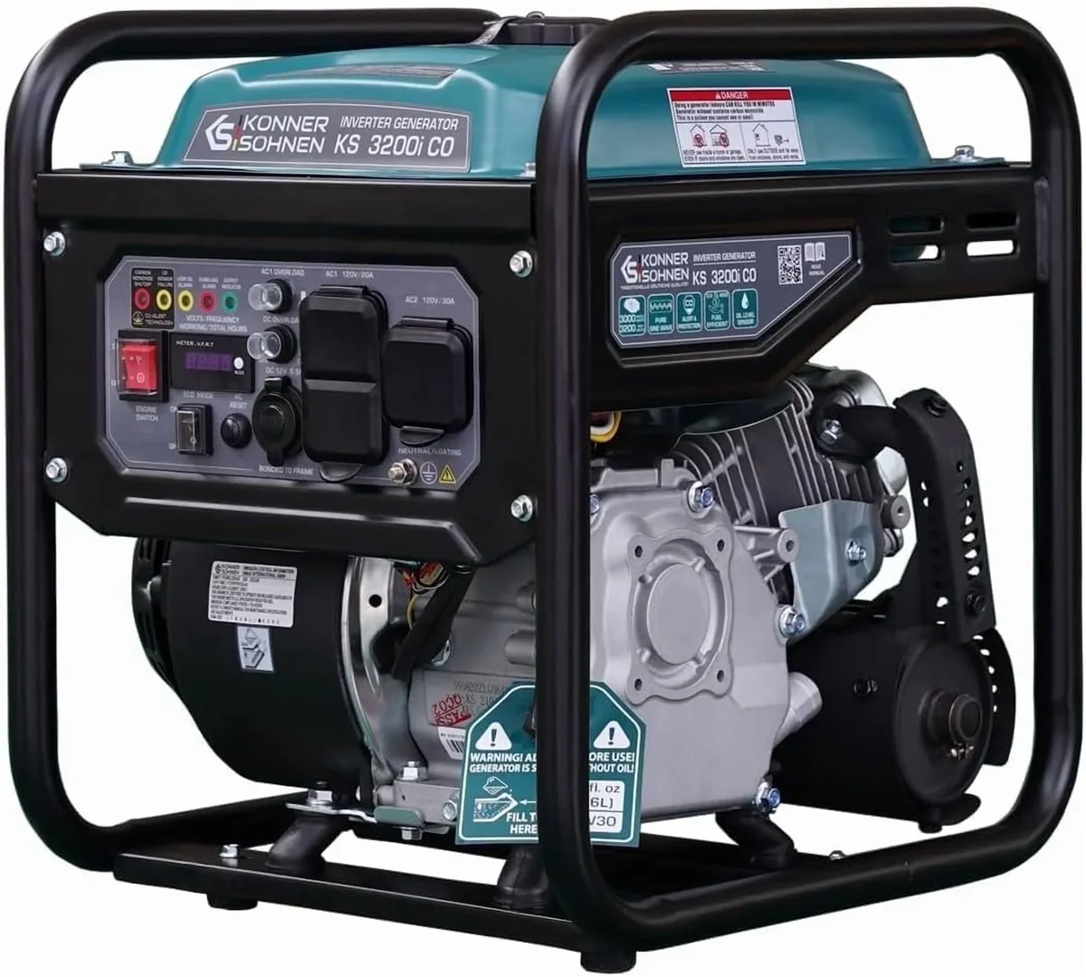 Konner & Sohnen Gasoline Inverter Generator 3200 Watts with CO Sensor and Fuel-Efficient Technology Open Frame Recoil Start for Home Backup Campi 7206