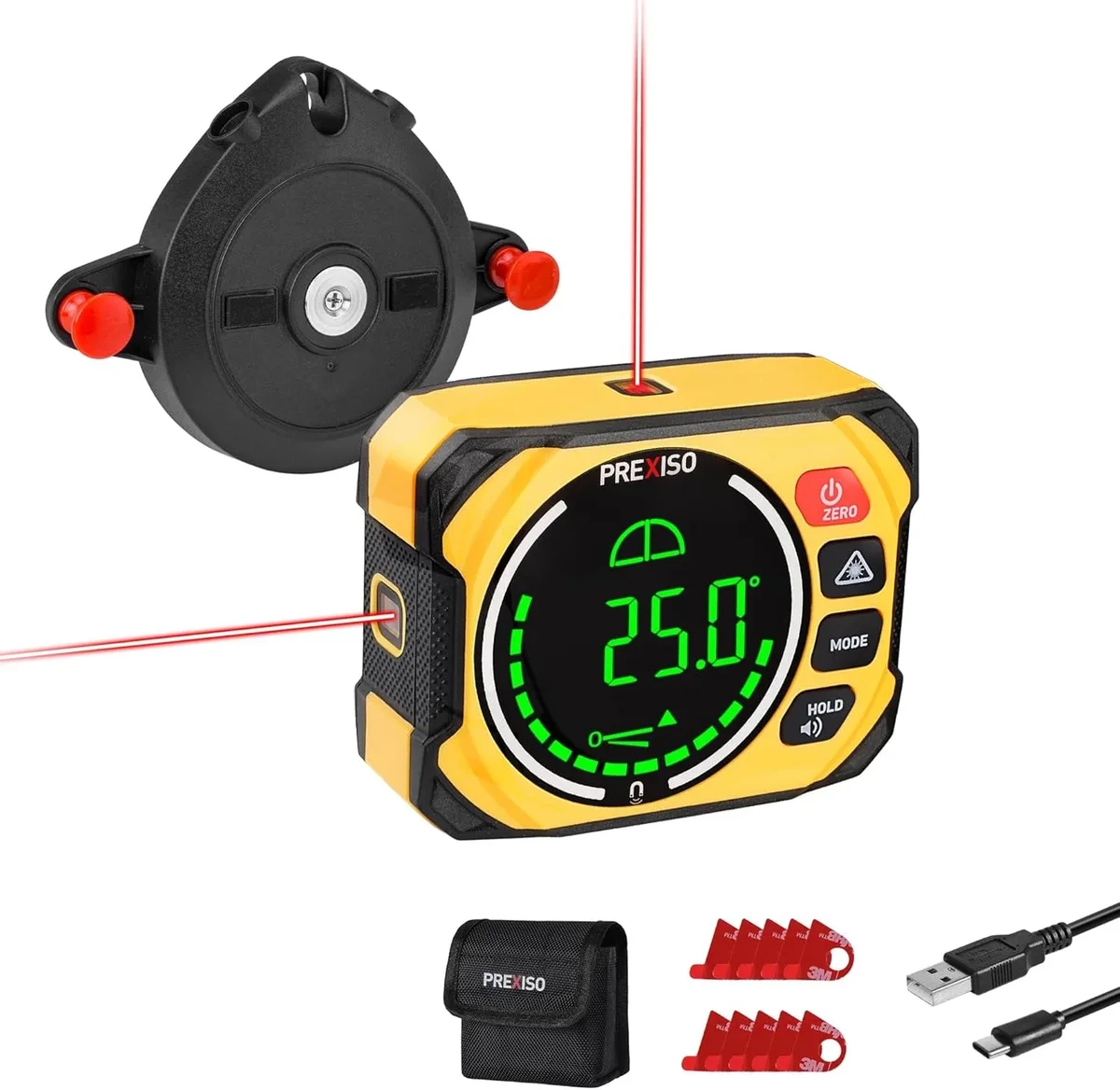 PREXISO 3-in-1 Multi Surface Laser Level with Digital Angle Gauge Magnetic, Rechargeable Digital Level with Wall Mount Base, 0-90° & 0-180°, An 0661