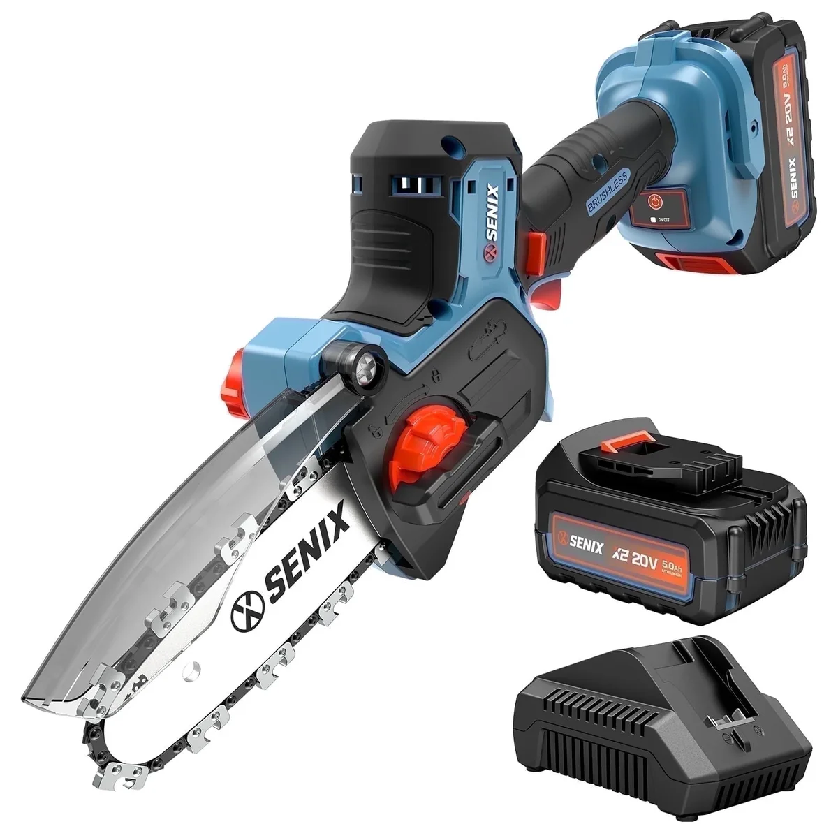 Senix 20V Cordless Mini Chainsaw 5-Inch,Tool-Free Chain Tension, 5Ah Battery & Charger Included 7738