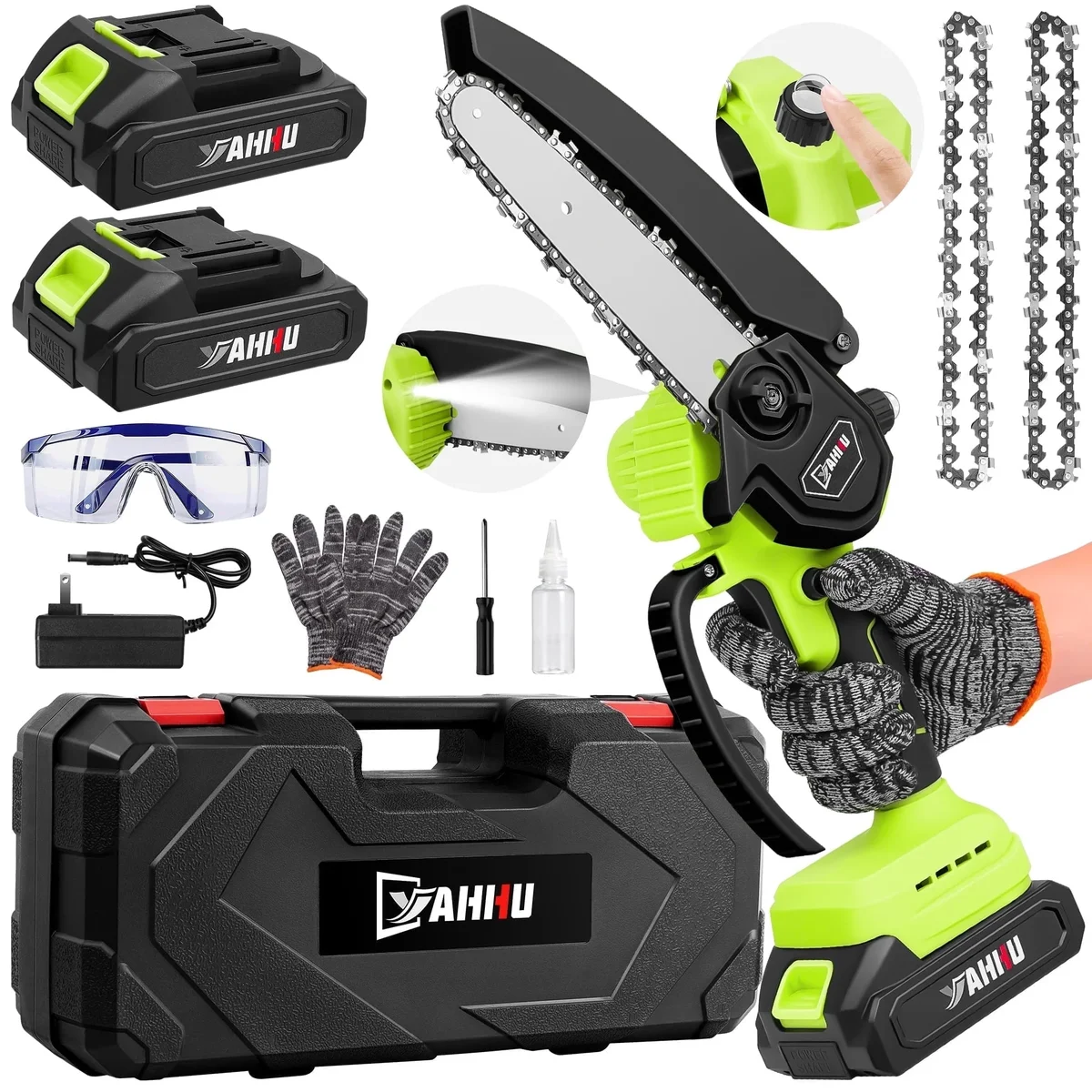 YAHHU 6 inch Mini Chainsaw Set with Oiler System & 21V Battery, Cordless Electric Chainsaw,New 6800