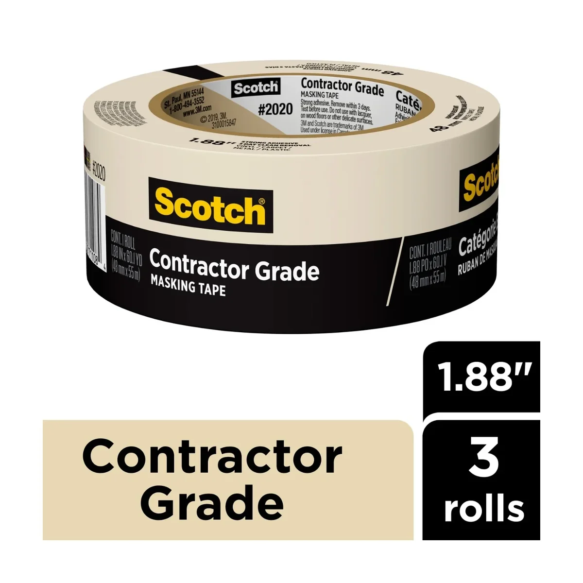 Scotch Contractor Grade Masking Tape, 1.88 in x 60.1 yd, Tan, 3 Rolls 6701