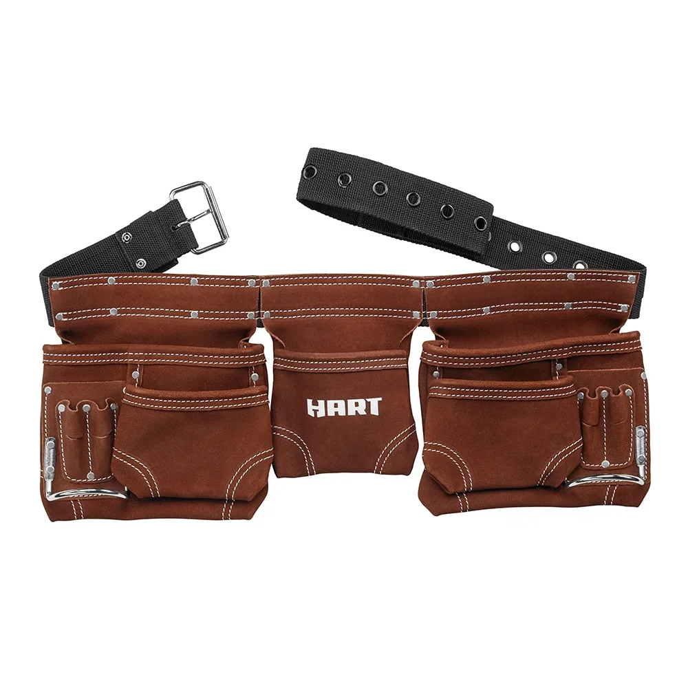 HART 11-Pocket Double-Stitched Suede Brown Leather Tool Belt up to 52-inch Waist 2409