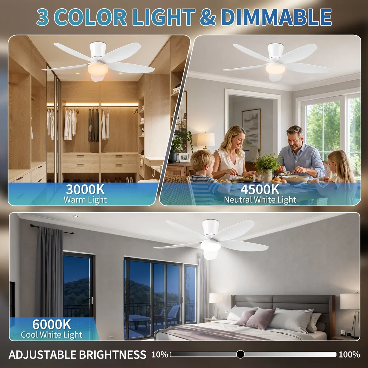 Everdaily Essentials 42 Inch Ceiling Fans with Lights, Modern Ceiling Fan with Lights and Remote, DC Reversible 6 Speeds 3 CCT, Low Profile Flush Mount Quiet Ceiling  Ref. 4866