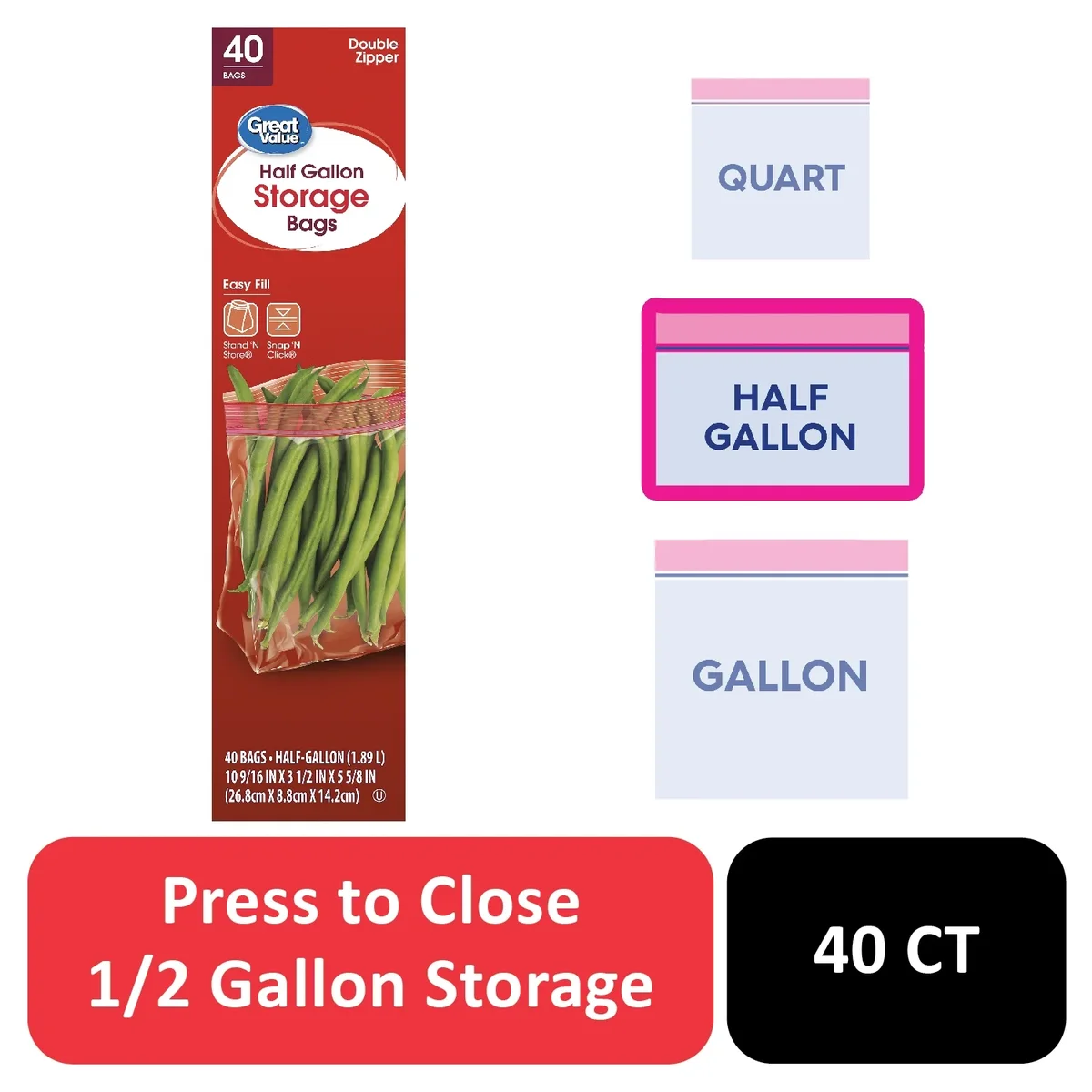 Great Value (9 pack) Great Value Double Zipper Half Gallon Storage Bags 40 Count 2566