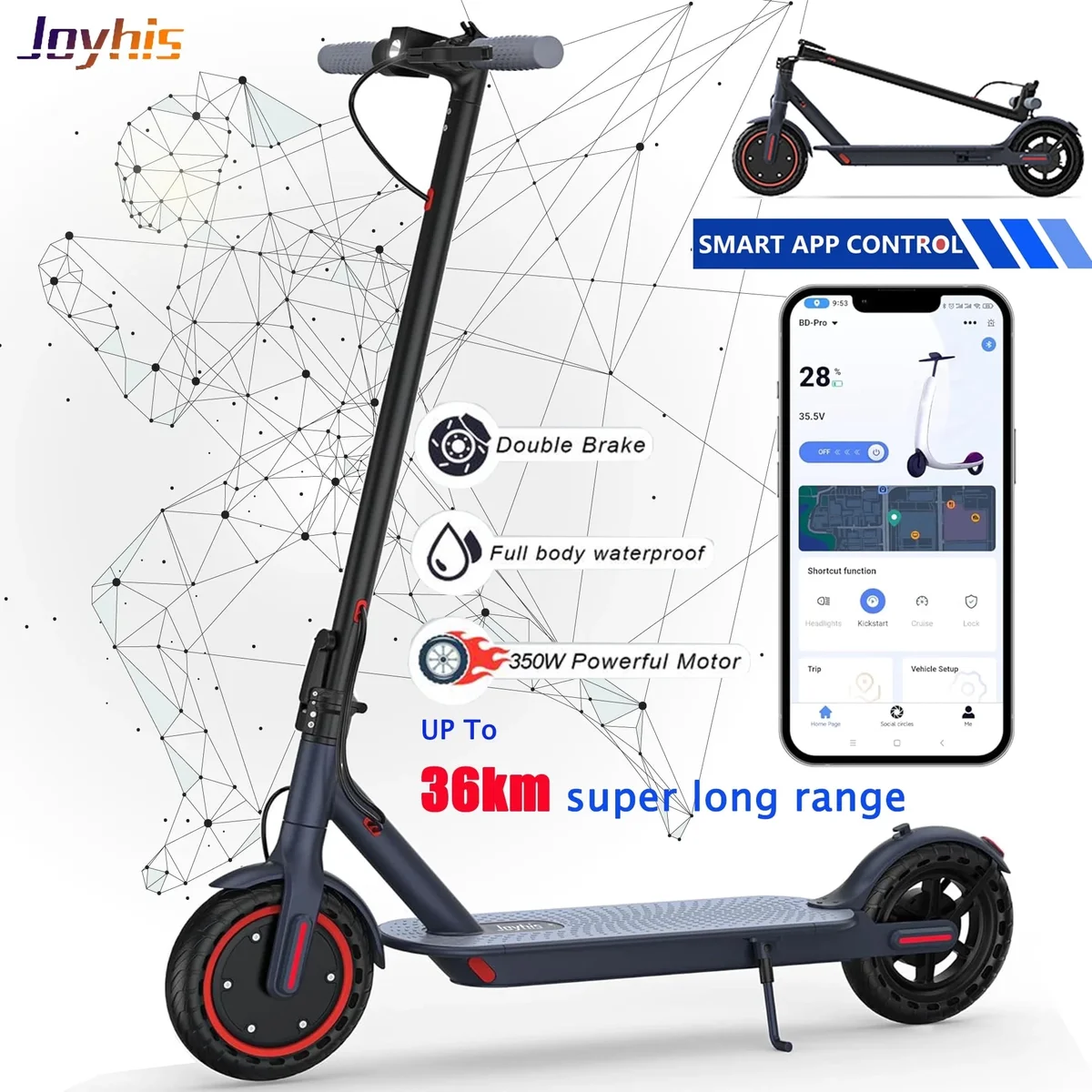 JOYHIS J078L Commuter E-Scooter for Adults, 350W Motor, 19 MPH Max Speed, 8.5" Anti-Skid Solid Tires, 21-Mile Range, Foldable with Double Brakes  9576