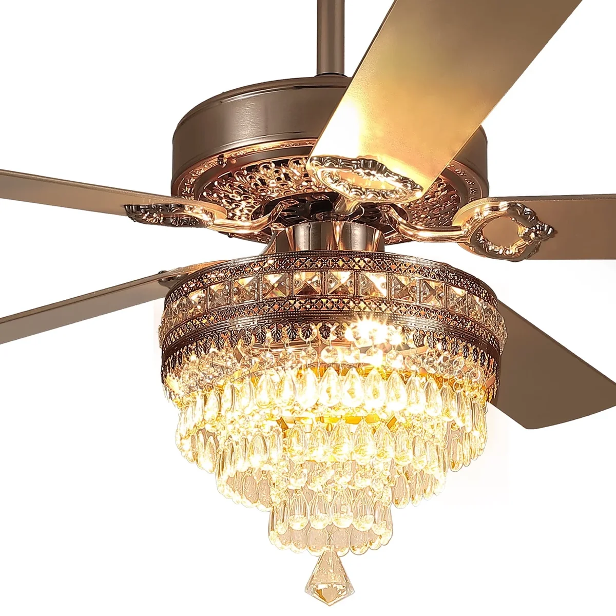 Yiosi 52 in Gold Crystal Chandelier with Hidden Fan and Remote Control, 3-Speed AC Motor, Farmhouse Lighting for Living Room 1355