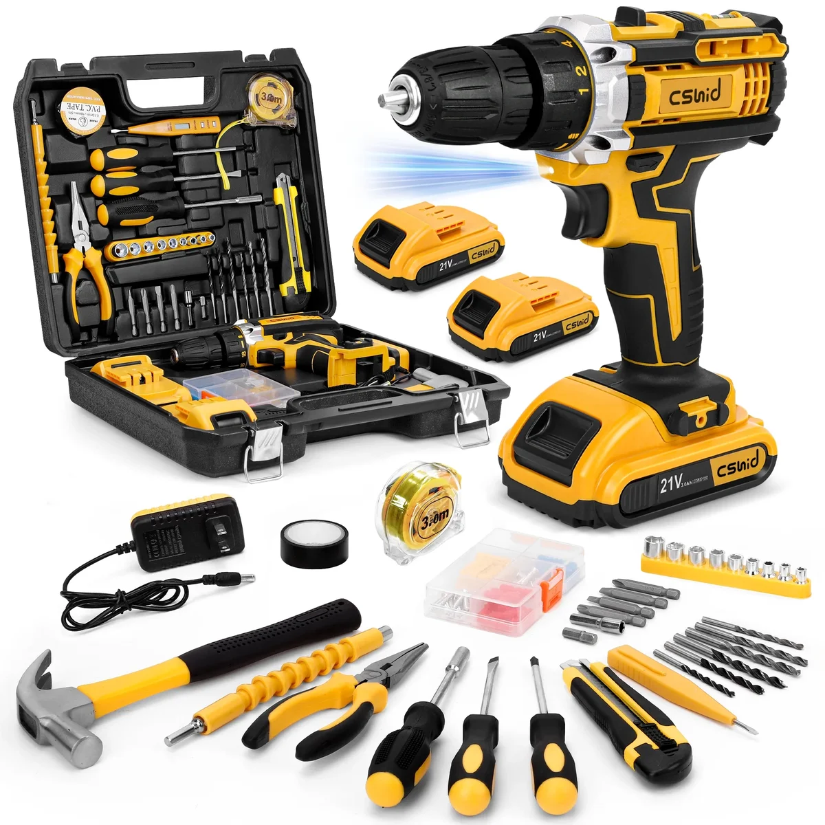 Cshidworld Tool Set with 21V Cordless Drill, Drill Set with 2 Batteries and Charger, 95PCS Electric Power Drill Tool Kit, Repair Tools Sets Combo 2639