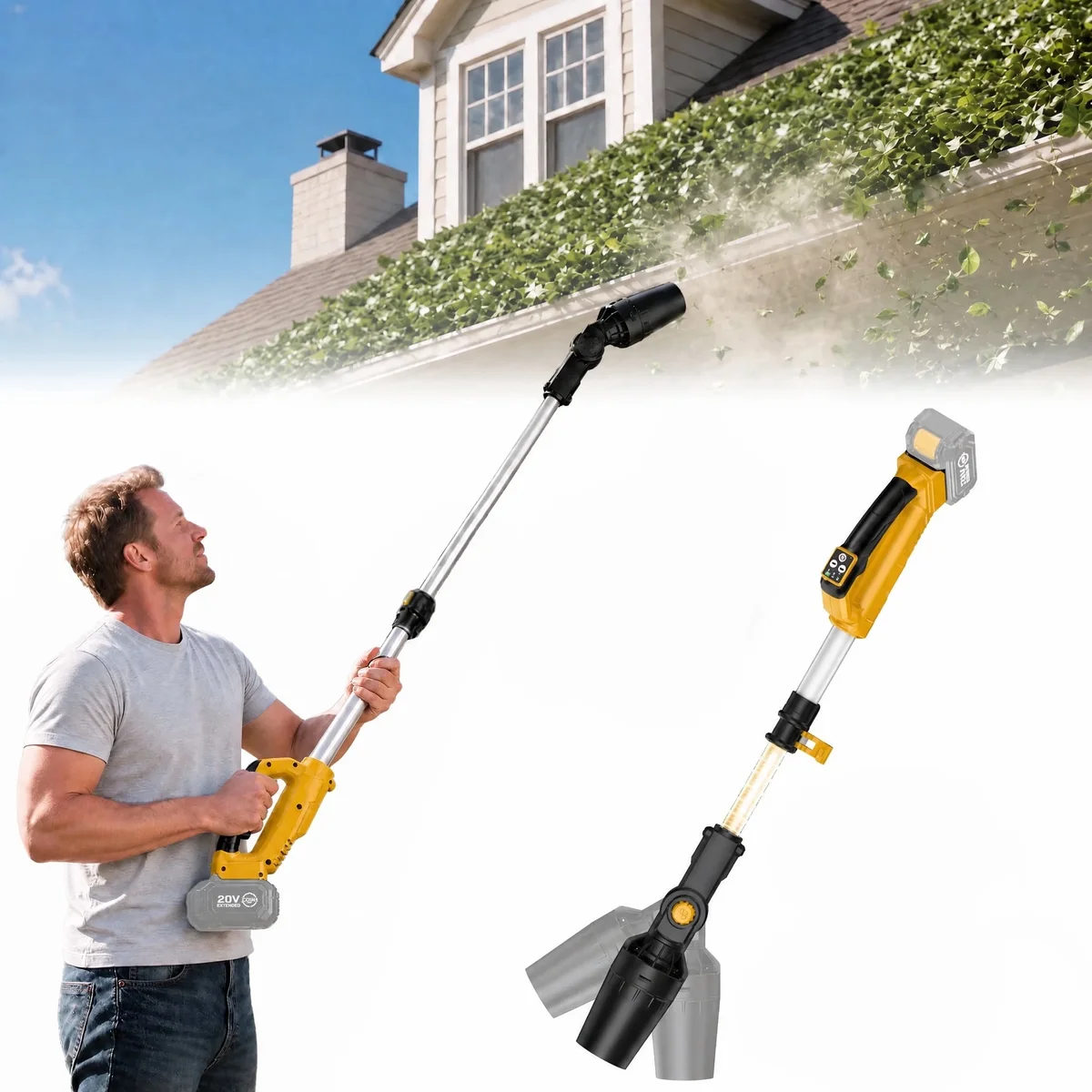 VANQUE Cordless Leaf Blower for DeWalt 20V Max Battery , 31000 RPM Brushless Motor, 60° Adjustable Head, Telescopic Pole up to 36 Inches, 3-Speed, Lock 6705