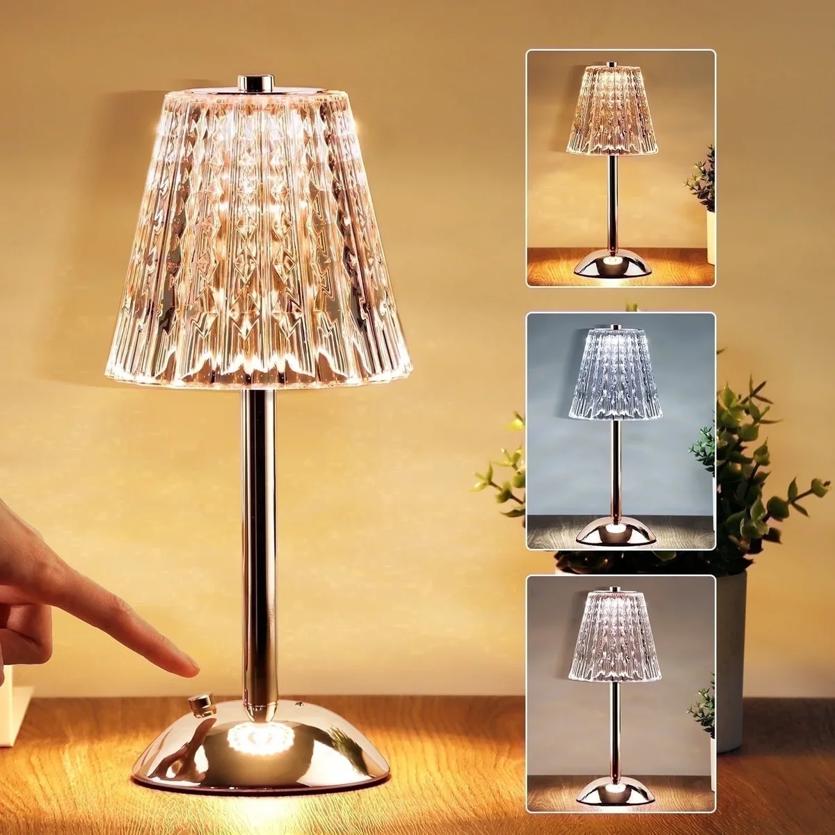 Walchoice Cordless Crystal Table Lamp, Rechargeable Touch Lamp, 3 Colors Dimmable LED Desk Lamp, Portable Night Light for Bedroom Living Room Res 2419