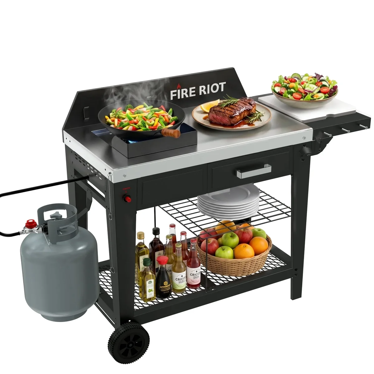 FIRE RIOT 50,000 BTU Outdoor Wok Burner & Propane Fryer Station with 12.6-Inch Carbon Steel Wok, Heavy-Duty High-Heat Cooker for Stir-Fry, Boiling & Outdoo 9604