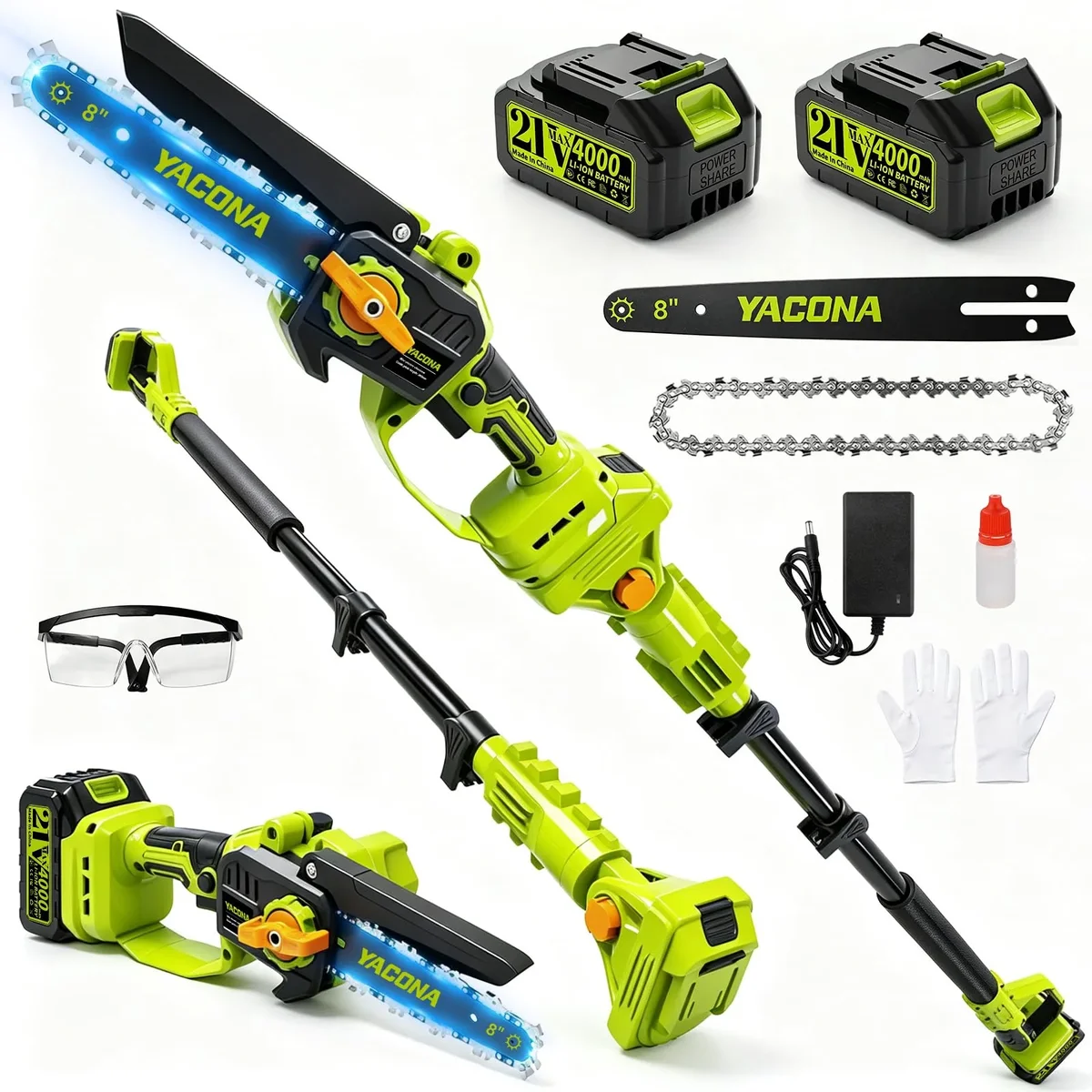 Yacona 2-in-1 Pole Saws for Tree Trimming, 8 Inch Electric Chainsaw Cordless, 21V Battery Powered Pruning Saw, 16FT Long Reach, Green 0471
