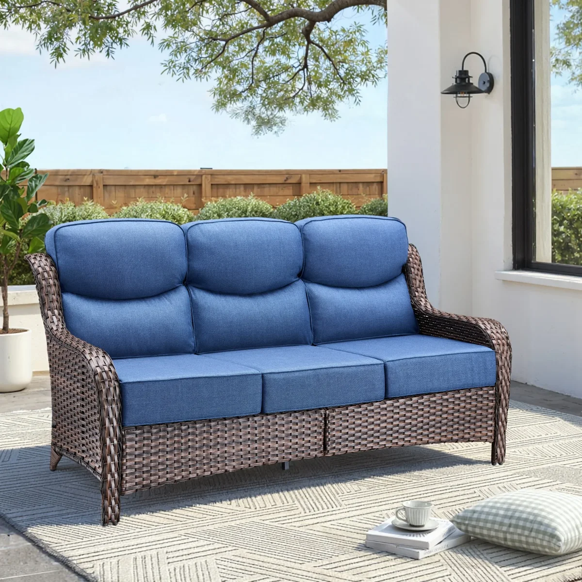 Unnifurnzi Outdoor Sofas All Weather Wicker Outdoor Couch with 6 Inch Thick Cushions Outdoor Furniture Couch for Porch Poolside Balcony-Brown/Blu 7831