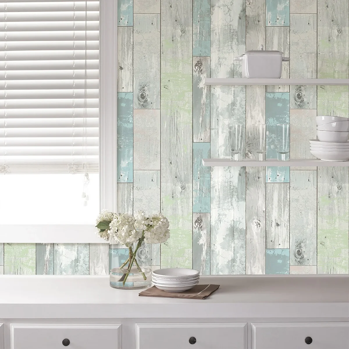 NuWallpaper Multicolor Beachwood Vinyl Peel And Stick Wallpaper, 216-in by 20.5-in, 30.75 sq. ft. 4240