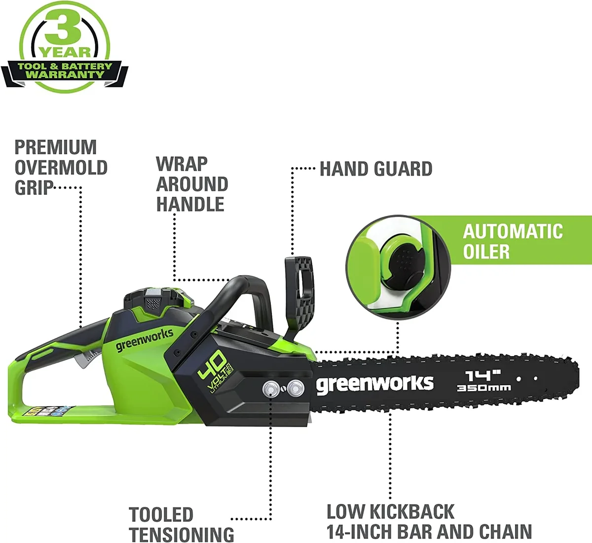 Greenworks Tools 273255 14 in. 40V Brushless Chainsaw with 2.5Ah Battery & Charger 1945
