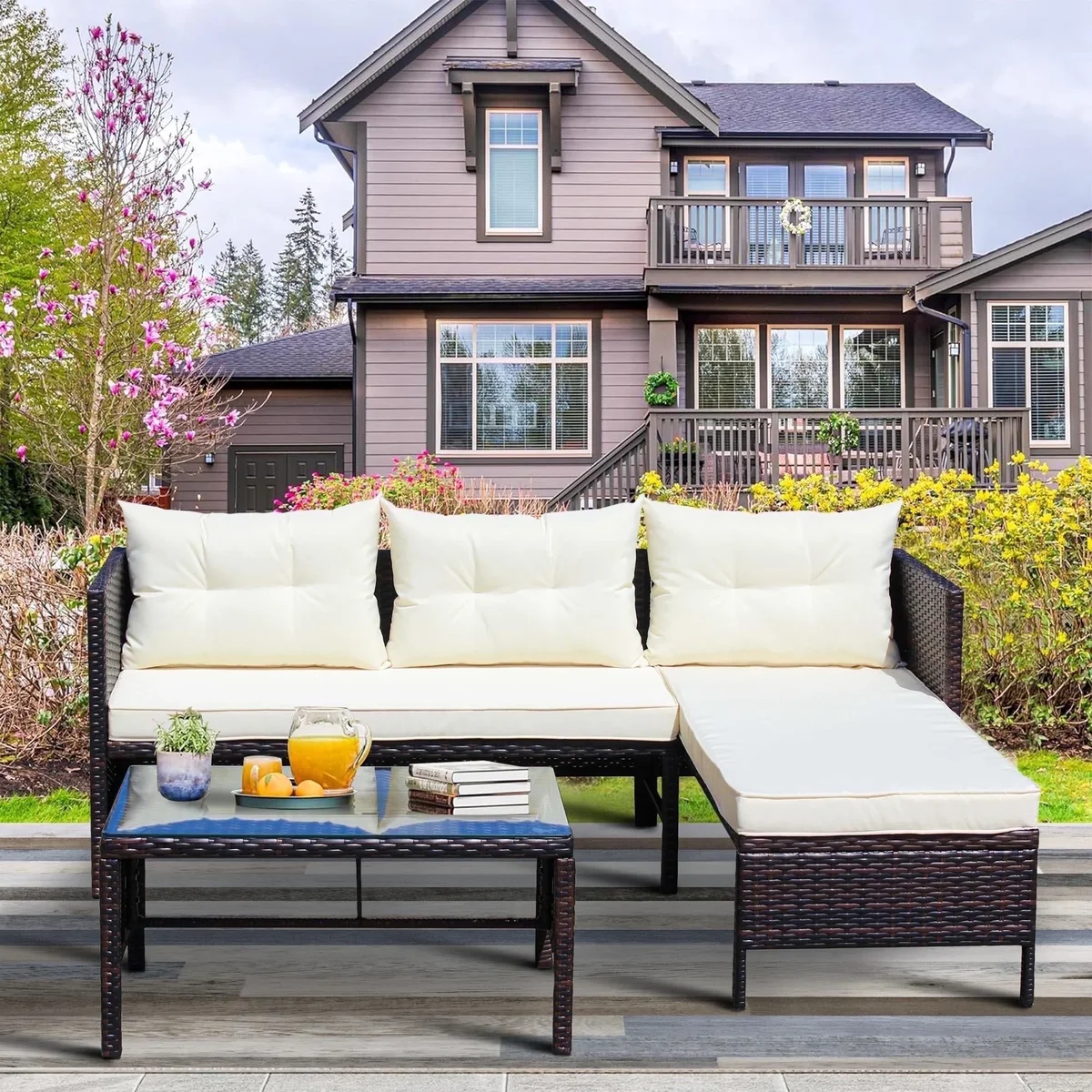 Segmart 3-Piece Patio sectional Furniture Sets, All-Weather Brown Wicker PE Rattan Sofa Chaise Longue Conversation Sets with Tempered Glass Table 7272