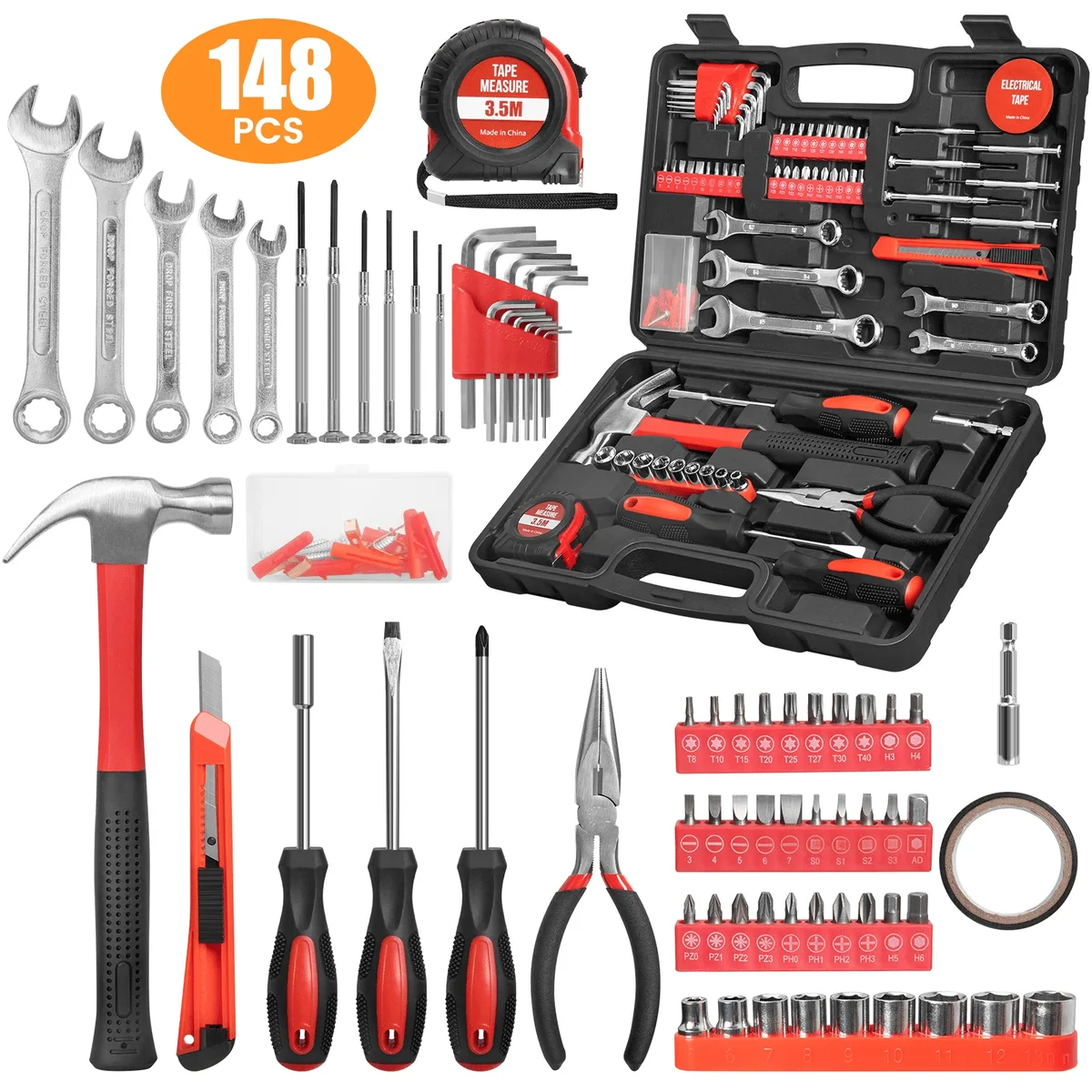 Everdaily Essentials 148-Piece Tool Set Household Hand Kit with Plastic Toolbox Storage Case, Mechanic Basic Home Tool Kit for Men and Women, All Essential Repair Too Ref. 6056