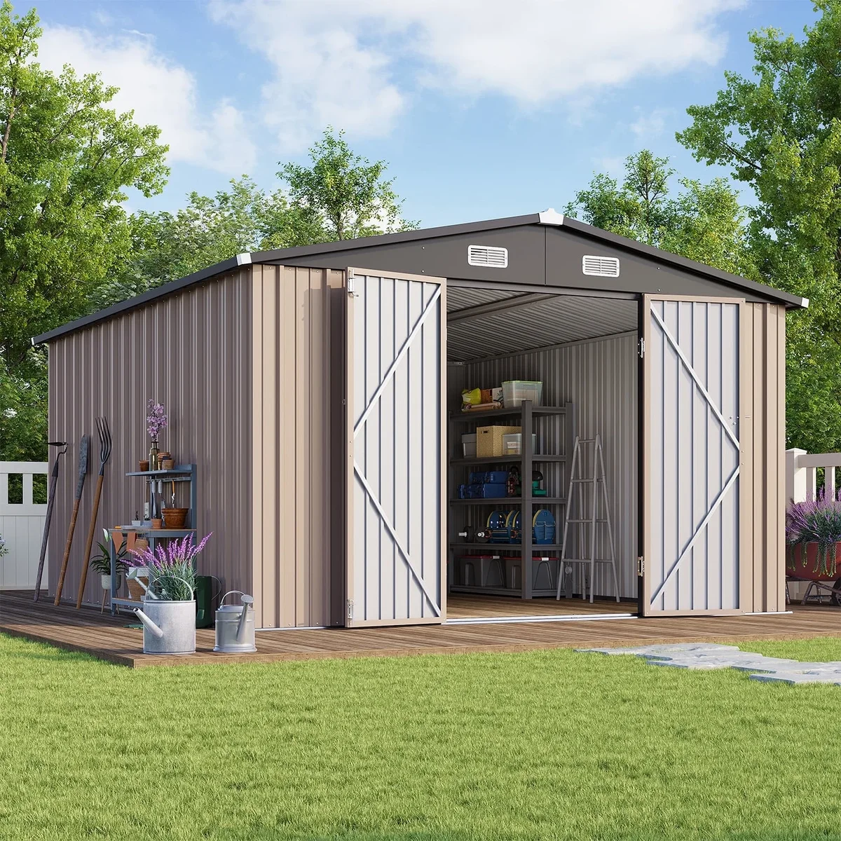 Everdaily Essentials 10 x 12FT Shed Outdoor Storage Shed with Double Hinged Large Door, Large Metal Shed with Lockable Door & Sloped Roof for Garden, Patio 4652