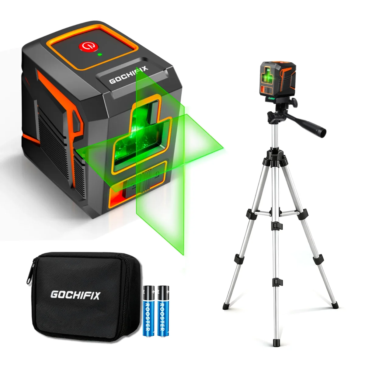 Gochifix Laser Level, GOCHIFIX 100FT Green Cross Line Laser Level Self Leveling with 360 Degree Rotating Highet Adjustable Tripod,2 AA Batteries and Carry 7488