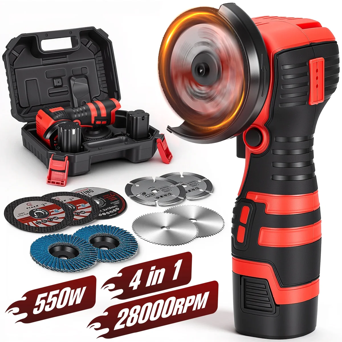 RELOIVE Angle Grinder Kit,28000RPM 4-in-1 Cordless Mini Electric Angle Grinding Tool with 2pcs 16.8V 2.0Ah Battery,9 Pcs Cutting Discs for Cuttin 6471