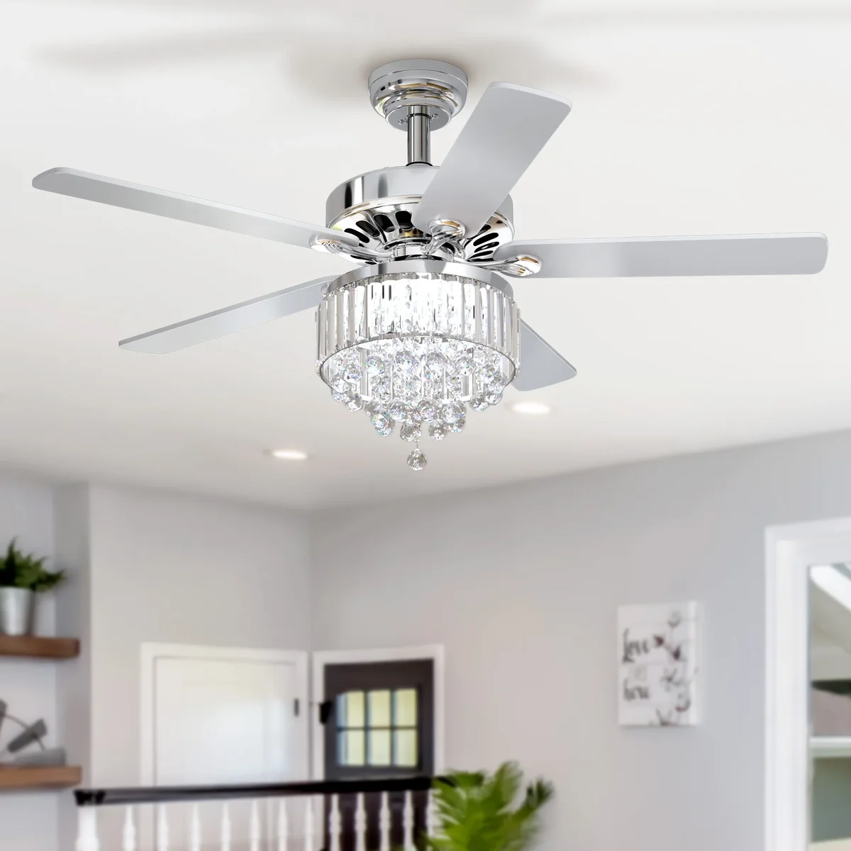 Everdaily Essentials 52in Chandelier Crystal Ceiling Fan With Light and Remote, Crystal Ceiling Fan Light With 5 Blades, 3 Speed, Silent Reversible DC Motor,Time 7866
