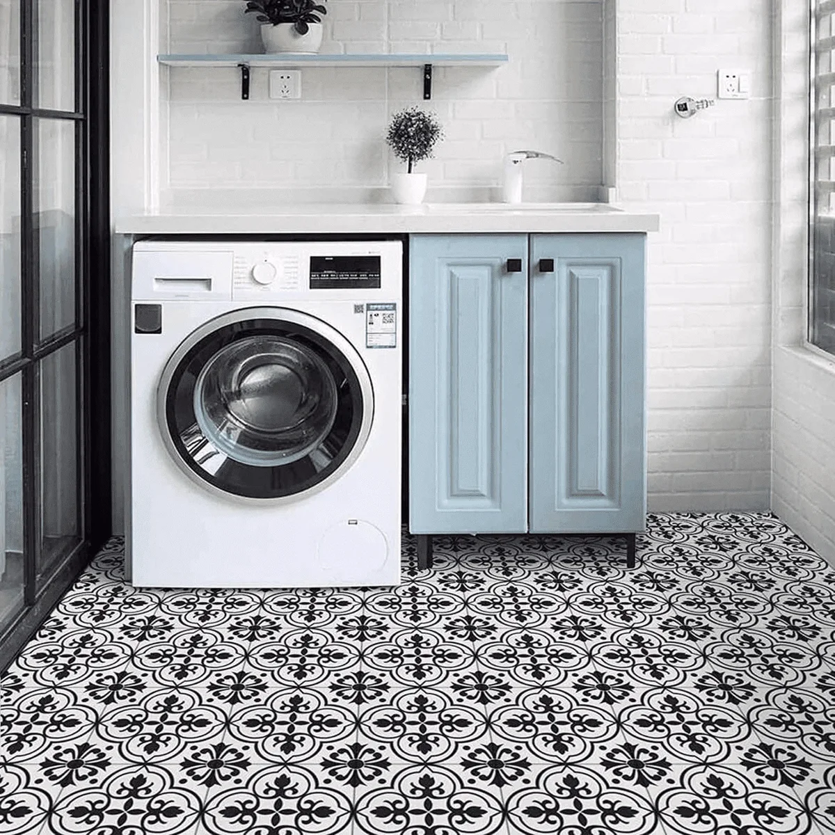 Abyssaly Peel and Stick Floor Tile 11.8" x 11.8" 10 Pcs Black and White Flower Floor Vinyl Flooring Waterproof DIY Flooring for Bathroom, Kitchen 3188